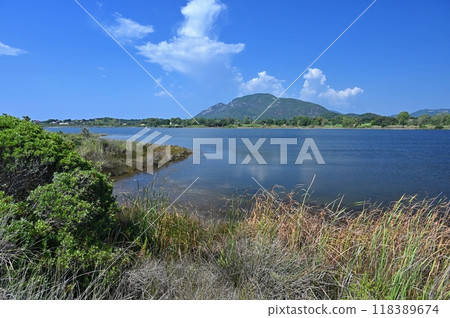 Beautiful aerial vibrant view of Korission Lake Lagoon landscape, Corfu island, Greece with pink flamingos flock, Ionian sea beach and mountains Beautiful aerial vibrant view of Korission Lake Lagoon landscape, Corfu island, Greece with pink flamingos flock, Ionian sea beach and mountains 118389674