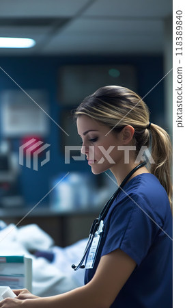 Nurse deeply focused on medical task at hospital. 118389840