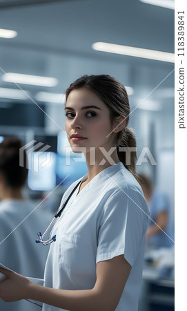 Professional nurse working diligently in hospital area. 118389841