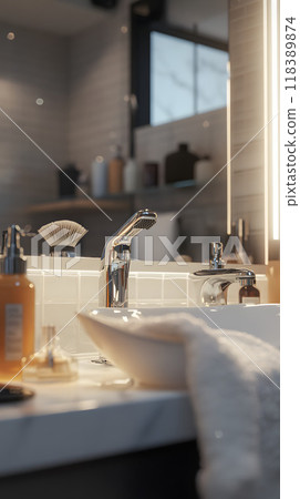 Modern bathroom sink with various grooming essentials 118389874