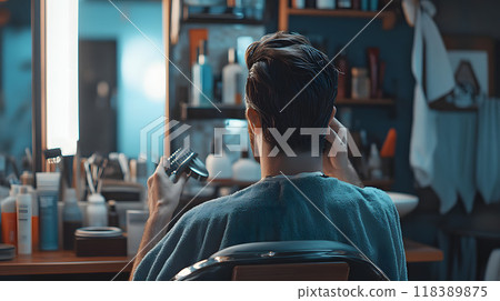 Man getting haircut at barbershop with grooming tools. 118389875