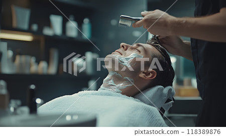 Customer gets shave and haircut at barber's chair. 118389876
