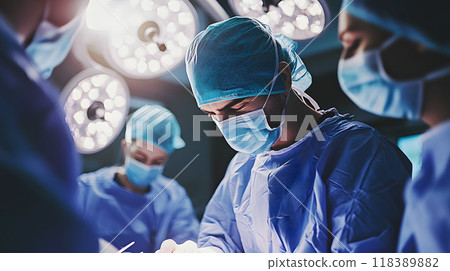 Surgeons focused intently on patient during operation. 118389882