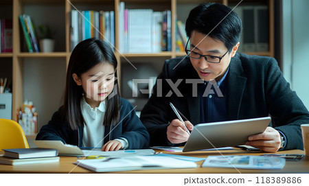 Asian Father guiding daughter in educational activity 118389886
