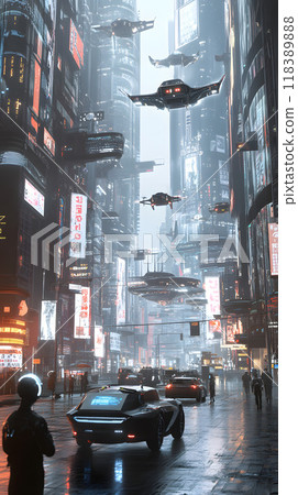 Futuristic cityscape with flying vehicles and neon lights. 118389888