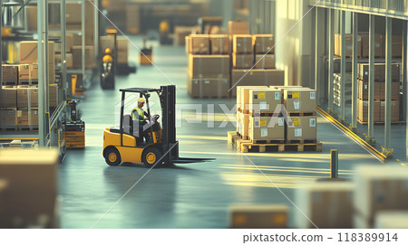 Warehouse forklift moving pallets with worker operating 118389914