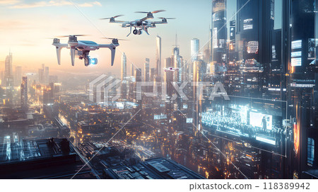 Drones flying over modern city skyline at dusk. Drones flying over modern city skyline at dusk. 118389942