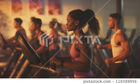 Group of individuals working out on treadmills in gym 118389956