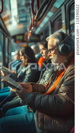 Elderly man reading on a bus with headphones on. 118390022
