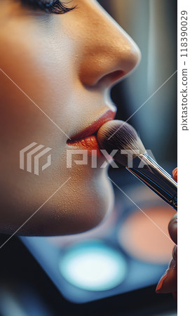 Person holding makeup brush near a palette of colors. Person holding makeup brush near a palette of colors. 118390029