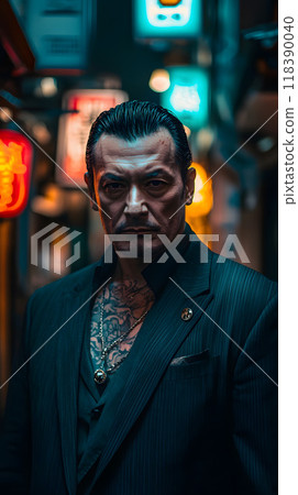 Tough Japanese Yakuza man in a dimly lit alley poses confidently 118390040