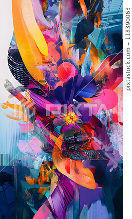 Dynamic abstract artwork with colorful floral elements 118390063