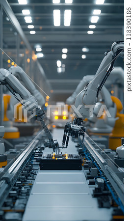 Three robotic arms collaborating on assembly line task. 118390186