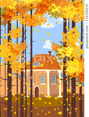 Autumn landscape, woman in autumn coat walking the dog, house 118390230