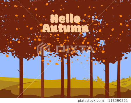 Hallo Autumn, September landscape, fall trees with yellow leaves, lonely bench 118390231