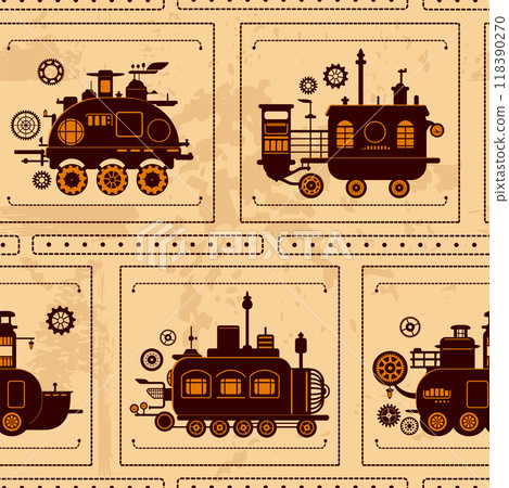 Seamless pattern with steam engine machines. Tiling pattern with steampunk style steam powered carriage silhouettes. Endless texture can be used for pattern fills, web page background, fabric texture 118390270