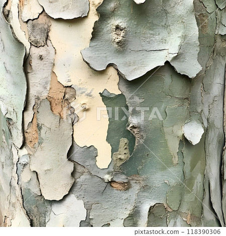Colorful peeling eucalyptus bark on the tree trunk close-up view 118390306