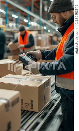 Factory worker using a scanner on a conveyor belt 118390342