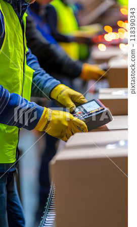 Warehouse worker in safety gear using barcode scanner 118390343
