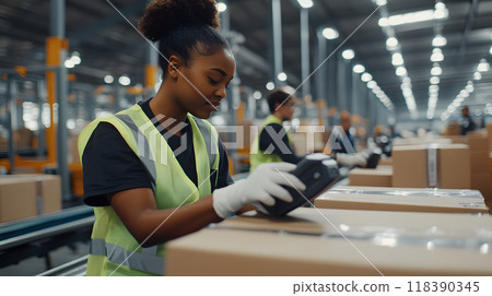 Female warehouse worker scanning boxes on conveyor belt 118390345