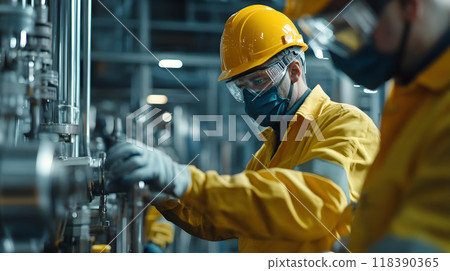 Two factory workers in yellow safety gear operating machinery 118390365
