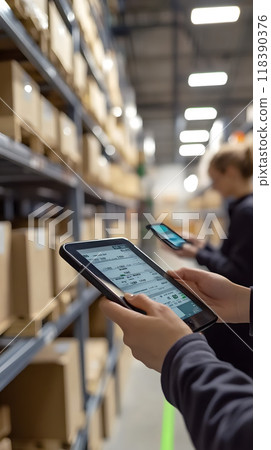 People using digital devices in a large warehouse 118390376