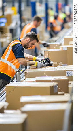 Warehouse employee in orange vest scanning packages 118390408