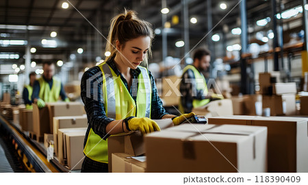 Female warehouse worker sorting and scanning parcels 118390409