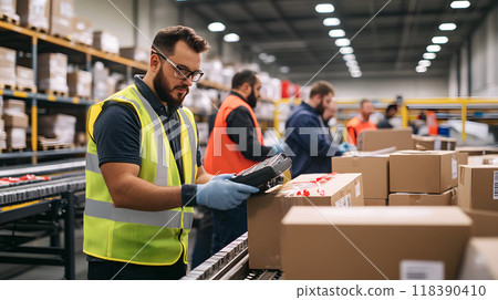 Worker with handheld device in organized warehouse 118390410