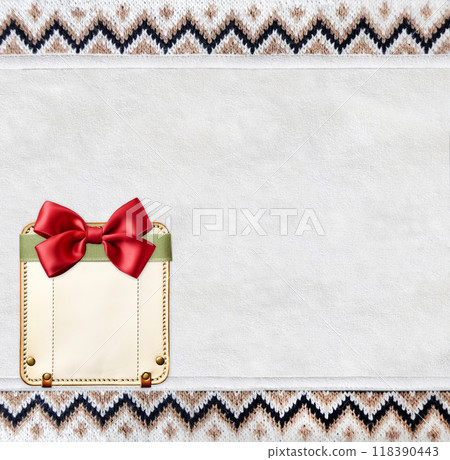 Horizontal Christmas background with knitted fabric texture and leather tag with bow. Wool sweater texture of brown and white color with geometric ornament and blank label. Copy space for text 118390443