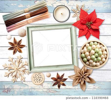 Vintage holiday backdrop. Christmas background with retro frame, poinsettia, snowflake on wooden boards. Copy space. Ecology, environmental conservation, eco friendly, self-made, hobby concept Vintage holiday backdrop. Christmas background with retro frame, poinsettia, snowflake on wooden boards. Copy space. Ecology, environmental conservation, eco friendly, self-made, hobby concept 118390468