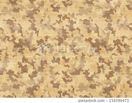 Linen background with camouflage pattern of beige and light brown color. Horizontal or vertical backdrop in camo style with natural canvas  texture. Copy space for text 118390473