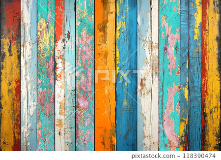Texture of vintage wood boards with cracked paint of yellow, blue and green color. Horizontal retro background with old wooden plank of different colors 118390474