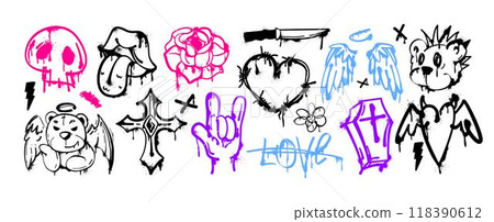 Spray paint graffiti ink bear, heart barbed wire, mouth, coffin and street art stickers 118390612