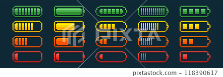 Pixel battery charge indicator icons, energy status or power phone levels Pixel battery charge indicator icons, energy status or power phone levels 118390617