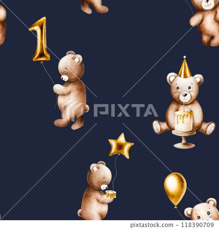Seamless pattern with cartoon teddy bears with foil balloons on a string and golden gift box, birthday, holiday cap and cake with candle on a wood stand. Hand drawn watercolor baby illustration Seamless pattern with cartoon teddy bears with foil balloons on a string and golden gift box, birthday, holiday cap and cake with candle on a wood stand. Hand drawn watercolor baby illustration 118390709