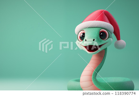 手绘卡通可爱的戴圣诞帽的蛇插画 118390774
