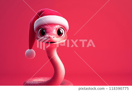 手绘卡通可爱的戴圣诞帽的蛇插画 118390775