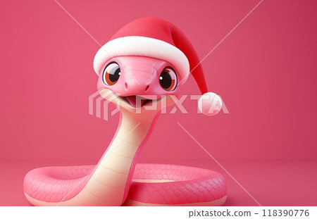 手绘卡通可爱的戴圣诞帽的蛇插画 118390776