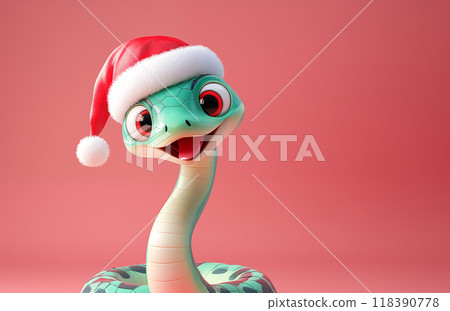 手绘卡通可爱的戴圣诞帽的蛇插画 118390778
