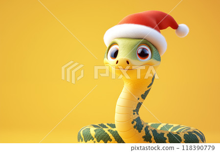 手绘卡通可爱的戴圣诞帽的蛇插画 118390779