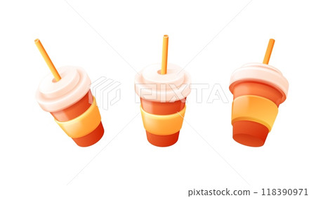 Paper cup render. 3d takeaway coffee cups with straw cover for to go cafe, tasty soda coke cola beverage or tea drink in cardboard mug plastic ad mockup, exact vector illustration 118390971