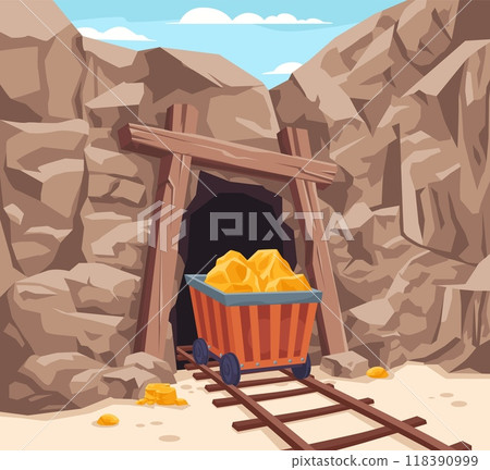 Mine entrance background. Rails to abandoned mining tunnel mountain stone cave, goldmine shaft door coal production geological tunnelling cartoon game ingenious vector illustration 118390999
