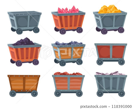 Mining carts. Minecarts, wood metal mine wagons for underground loading coal diamond rocks gold nugget minerals, rails trolley truck carriage, 2d game ingenious vector illustration 118391000