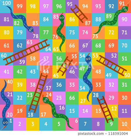 Snake ladder. Snakes ladders board game template, children puzzle play fun competition gaming exercise toy dice on abstract number stage finish start, ingenious vector illustration 118391004