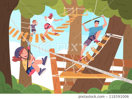 Kids in rope park. Family adventure forest recreation hanging ropes attractions, children with mother father in helmets climbing challenge active sport, classy vector illustration 118391006