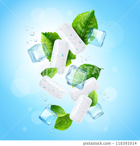 Ice mint gum. Chewing pad peppermint flavor menthol aroma smell for freshness breath, bubblegum advertising poster refreshing spearmint flavour, realistic exact vector illustration Ice mint gum. Chewing pad peppermint flavor menthol aroma smell for freshness breath, bubblegum advertising poster refreshing spearmint flavour, realistic exact vector illustration 118391014