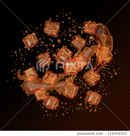 Ice cubes whiskey. Iced cube bubbles in whisky or cola stream splash, refreshment drink frozen cool premium brandy cognac bourbon soda splatter, realistic exact vector illustration 118391015