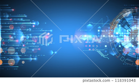 Data analysis. Scientific and technological background. A bisected techno circle from which lines and numbers emerge. Hand made vector. 118391048