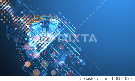 Data analysis. Scientific and technological background. A bisected techno circle from which lines and numbers emerge. Hand made vector. 118391050